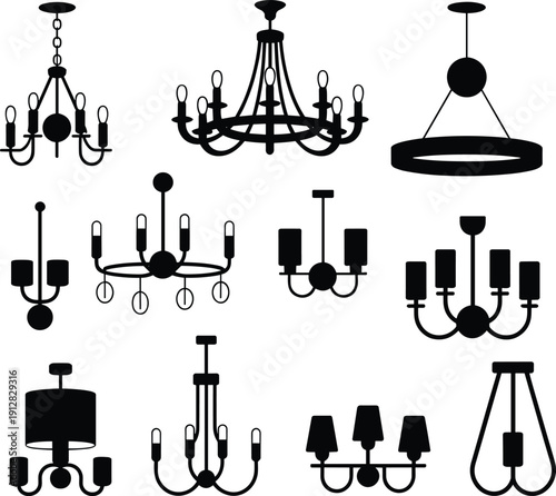 Black Silhouette Vector Set of Modern and Classic Chandeliers Luxury Ceiling Light Fixtures Icons for Interior Design Home Decor and Architectural Lighting Projects