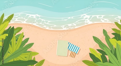 Wallpaper Mural beach scene, top view, summer vacation, sandy shore, ocean waves Torontodigital.ca