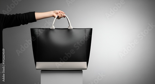 Wallpaper Mural hand holding black tote bag, white handles, gray background Torontodigital.ca