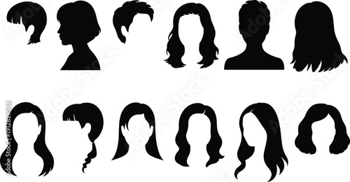 Comprehensive Collection of Women Hairstyle Silhouettes Set Featuring Diverse Haircuts and Styles for Beauty Salon Branding Fashion Graphic Design and Vector Illustration Projects