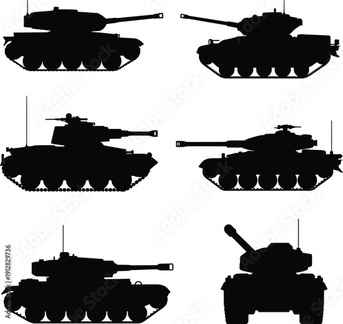 Detailed Black Silhouette Collection of Military Battle Tanks and Armored Vehicles Set Isolated on White Background for War History and Tactical Vector Design Concepts