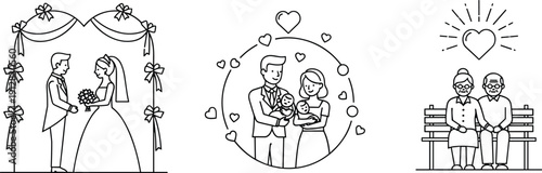 Family love life stages line art illustration set, wedding parents baby elderly couple outline drawing minimal black white concept collection