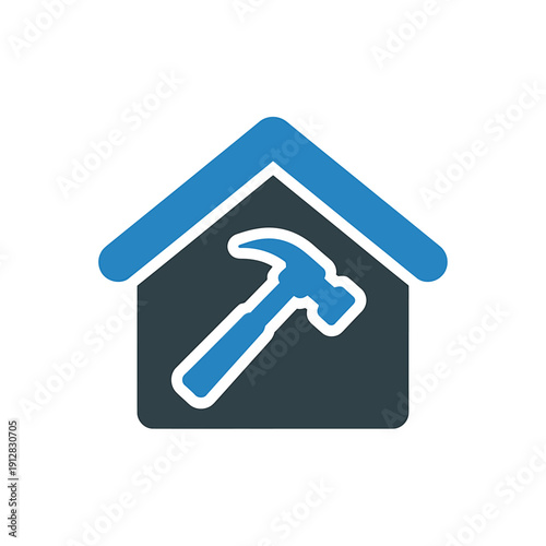 Blue house icon with hammer inside simple flat design