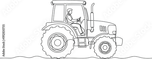 Farmer driving tractor line art vector illustration, agricultural machinery outline drawing, rural farming transport equipment isolated design
