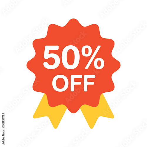 Red and yellow discount label with fifty percent off text