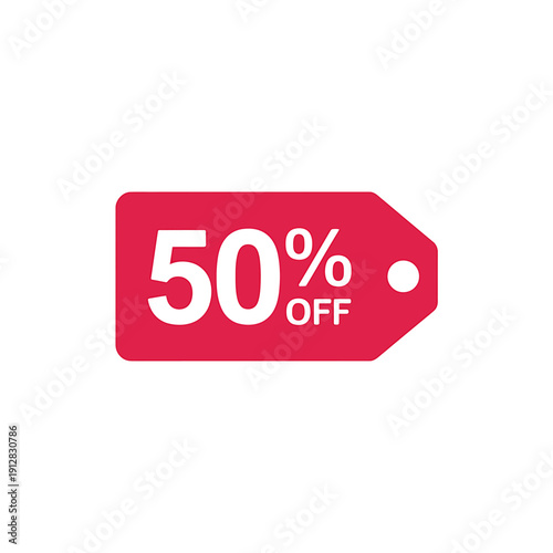 Red fifty percent off discount tag on white background