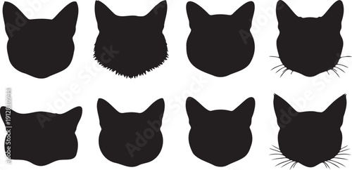 Cat head silhouette vector icon collection. Includes various feline face shapes, some with fur texture and whiskers. Created in flat black and white style.