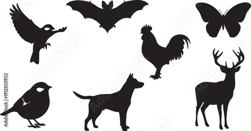 Animal silhouette vector collection. Includes flying bird, bat, butterfly, rooster, deer, sparrow, and dog. Created in solid black style with a monochrome palette.