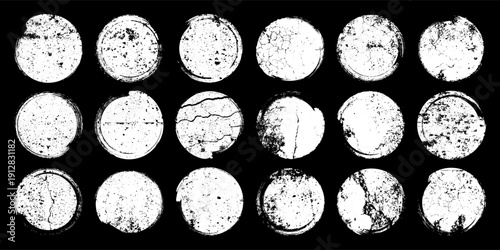 Grunge circles with stains and scratches. Circle brush stroke, round shape design element. Distressed dirty text frame, border, sticker or label. Paintbrush, ink stains. Vector illustration