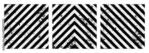 Warning sign with black diagonal lines. Attention, danger or caution symbol. Construction site signage, road safety notice, hazard banner, security alert shield. Vector illustration