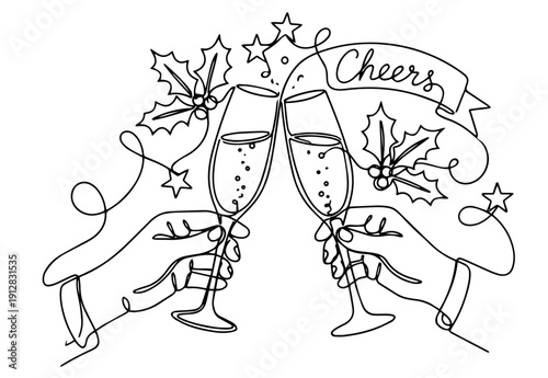 Two hands clinking champagne glasses with holiday decorations  
