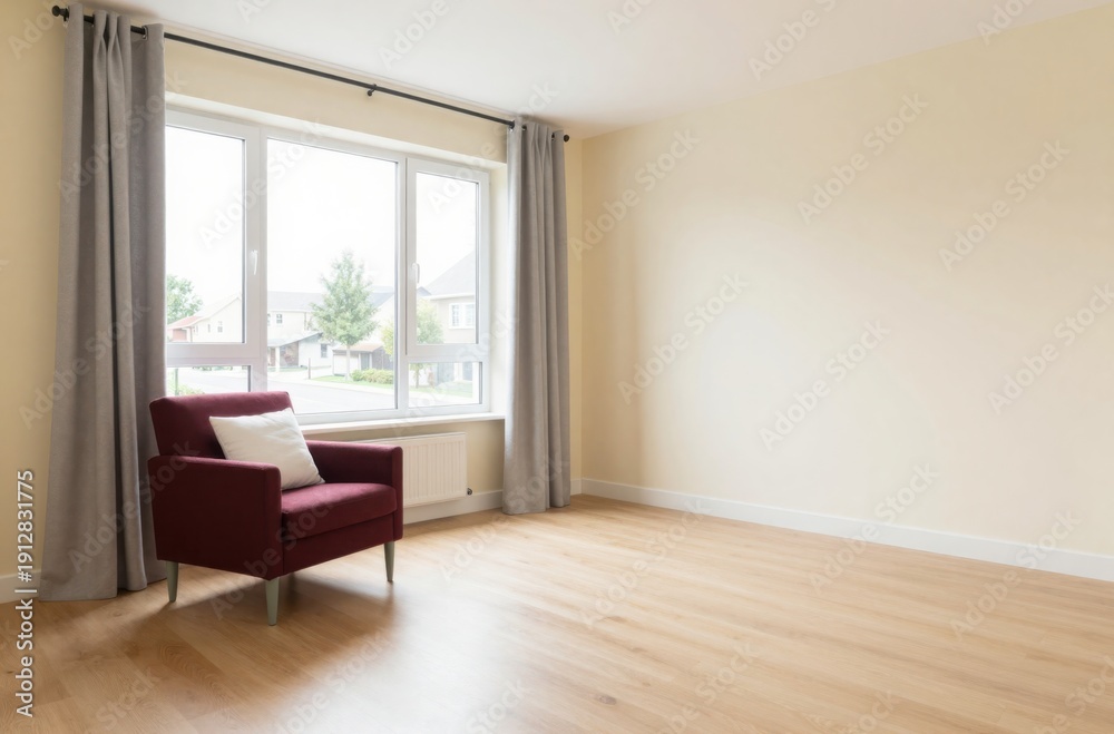 Fototapeta premium Minimalist Room Interior Featuring a Maroon Armchair Near Large Window with Neutral Walls and Wood Flooring