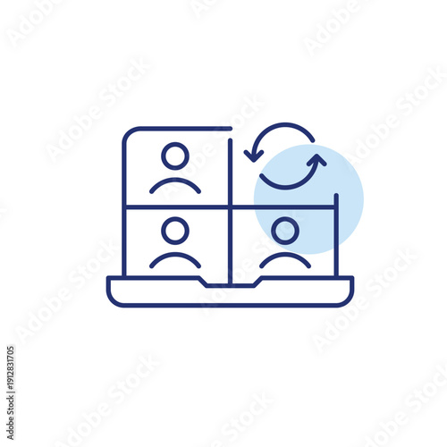 Video conference on laptop and renew arrow. Online meeting update, virtual call refresh. Pixel perfect, editable stroke vector icon