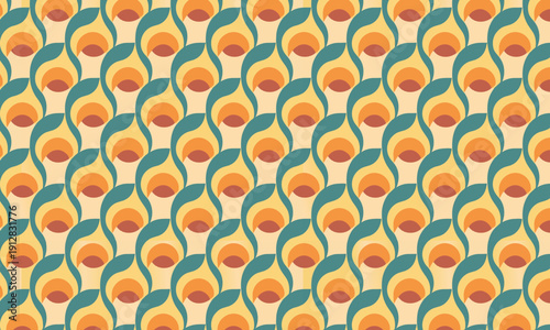 Seamless abstract retro 70s geometric vector pattern with colorful stylized teardrop leaves