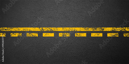 Asphalt road with yellow lane marking, concrete highway surface, texture. Street traffic line, road dividing strip. Pattern with grainy structure, grunge stone background. Vector illustration