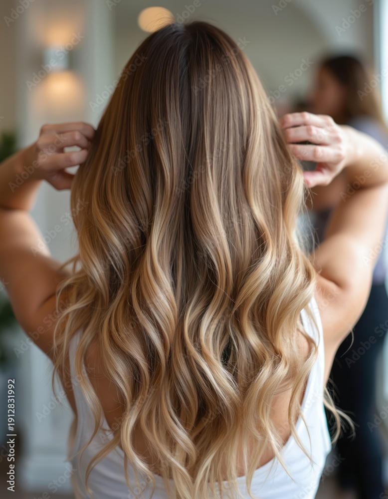 Naklejka premium Rear view of woman with long wavy ombre hair styled in loose curls. Blonde highlights transition from dark roots to light ends, showing volume and texture.