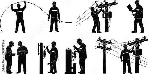 Silhouette utility workers with safety gear, electrical repair teamwork, cable handling, pole inspection, infrastructure maintenance, telecommunications service illustration, flavector
