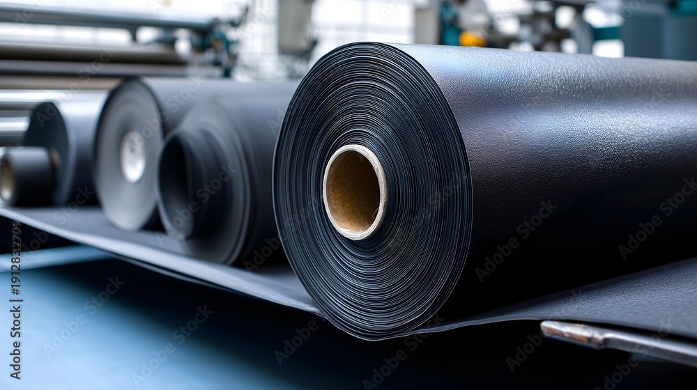 Fototapeta premium Industrial rubber sheet rolling line with matte black texture