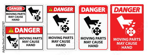 Safety Warning Signs for Machinery with Moving Parts and Hand Hazard