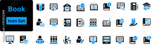 Book solid icon set. Solid icon set of Education and learning pages: book, open book, notebook, lesson pages, exam notes, book self, law book. Solid icons set. 