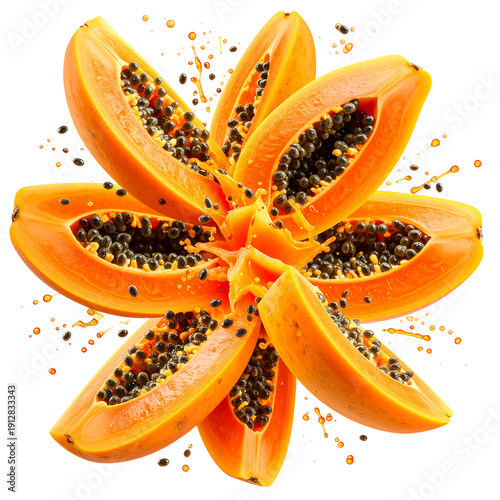 Arrangement of papaya slices with seeds and splashing juice on transparent background