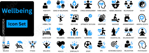 Well being solid icon set contains lifestyle and health, mental nutrition, fitness, care, self mindfulness, wellness and more. Solid icons set. 