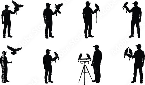 Collection of professional falconer silhouettes training birds of prey including hawks and eagles isolated on white background for wildlife and falconry design projects