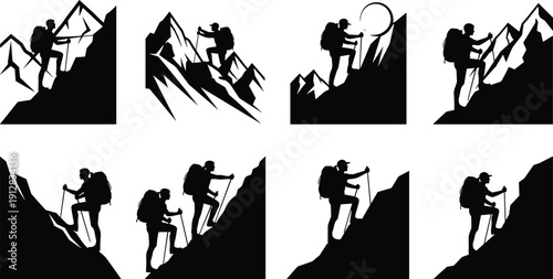 Collection of professional hiker and mountain climber silhouettes trekking with backpacks and poles on steep mountain peaks isolated on white background for adventure