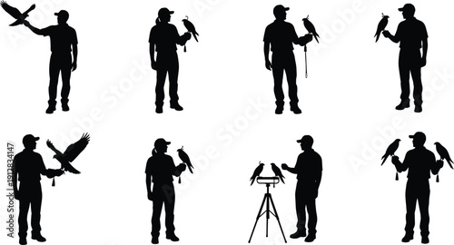 Collection of professional falconer silhouettes training birds of prey including hawks and eagles isolated on white background for wildlife and falconry design projects
