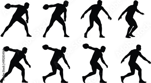 Collection of professional discus thrower silhouettes in various athletic motion poses isolated on white background for sports competition and track and field design