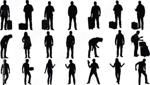 Collection of diverse traveler silhouettes including people with suitcases and backpacks walking or waiting isolated on white background for tourism and urban lifestyle