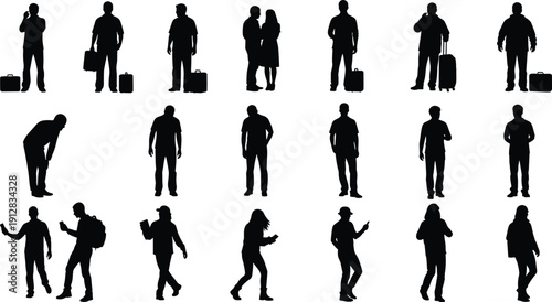 Collection of diverse traveler silhouettes including people with suitcases and backpacks waiting or walking isolated on white background for tourism and urban lifestyle design