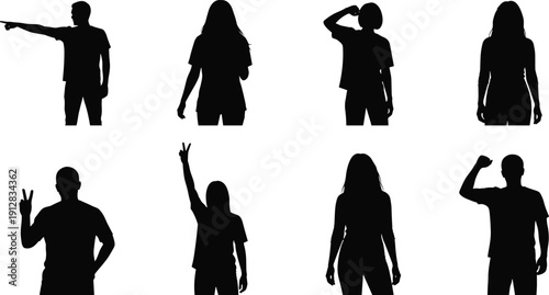 Collection of diverse people silhouettes in various poses including pointing, cheering, and showing peace signs isolated on white background for creative design projects