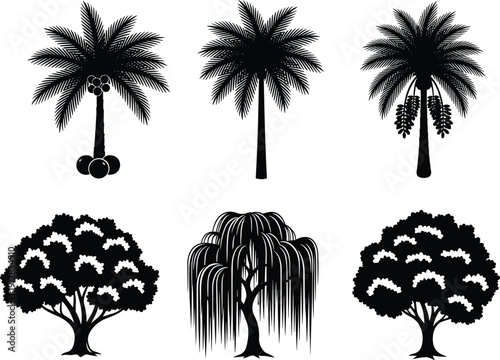 Black and white tree silhouettes set featuring coconut palm date palm weeping willow and leafy oak trees for landscape design and nature graphics