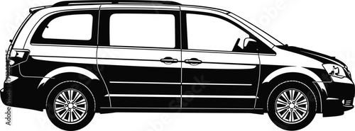 Black and white vector illustration of minivan side view with detailed doors, wheels, windows, and design features for automotive projects