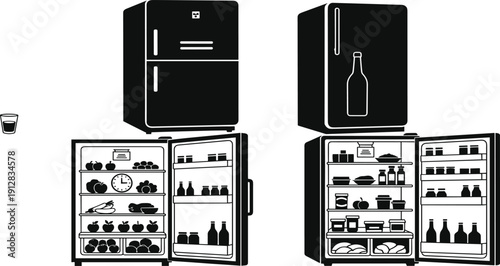 Black and white vector illustration of two open refrigerators side by side showing food contents, fruits, vegetables, and packaged items