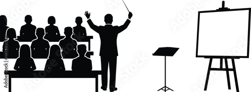 Black silhouette vector illustration of teacher or conductor presenting with baton to seated audience in classroom or seminar learning environment