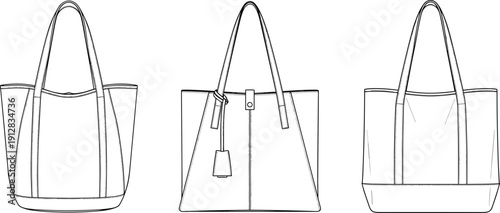 Black silhouette vector illustration of three tote bag designs with stitching, reinforced panels, and decorative details for fashion and retail themes