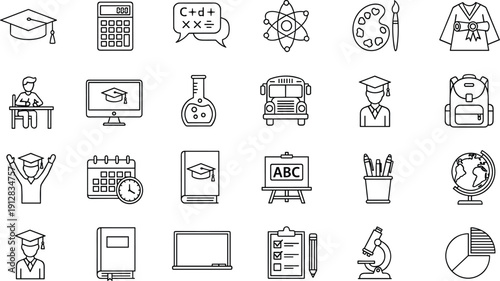 Professional Education and School Line Icon Set Featuring Graduation Caps, Books, Science Equipment, School Bus, and Classroom Learning Symbols for Academic Websites