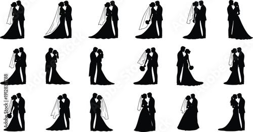 Black silhouette vector illustration of twenty wedding couples in romantic poses with gowns, veils, and suits for ceremonial design projects