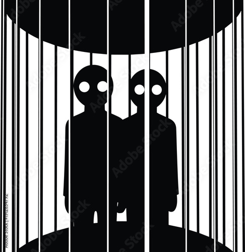 Black silhouette vector illustration of two humanoid figures with large eyes confined inside cylindrical cage symbolizing restriction and entrapment