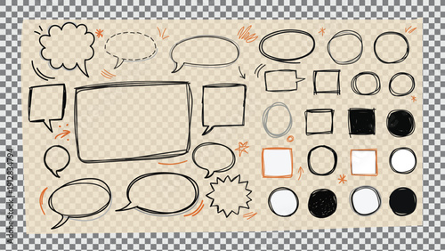 Set of hand drawn sketch speech bubbles, text boxes, frames, circles, and shapes on beige paper texture background