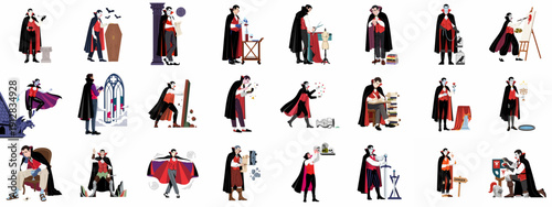 Count Dracula character flat vector bundle showing the vampire engaging in diverse daily activities, hobbies, and spooky tasks, isolated on white.