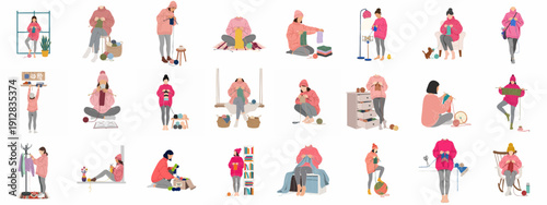 Knitting hobby flat vector illustration set. Women making handmade warm clothing, relaxing indoors with yarn, needles, and cozy craft activities.
