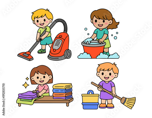 An illustration of various household chores and cleaning activities