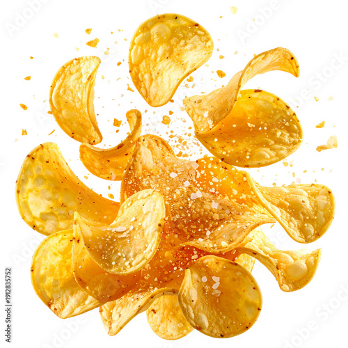Crisp potato chips with salt crystals exploding in air isolated on transparent background snack food concept