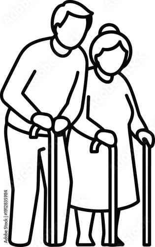 Elderly couple leaning on walking canes for support and companionship. isolated on white background, Vector