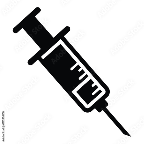 A black and white illustration of a medical syringe with a needle. isolated on white background, Vector