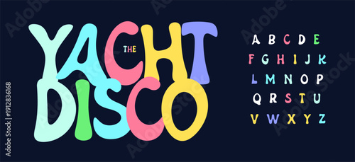 Wavy witty font logo alphabet disco party drunk typography, rounded funky lettering for trippy title text, kids birthday, wave logo, wave headline, psychedelic typographic design. Vector typeset