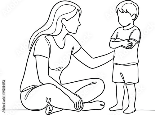 Mother comforting child line art illustration, parenting guidance moment, emotional family communication, minimal outline people vector drawing design concept artwork